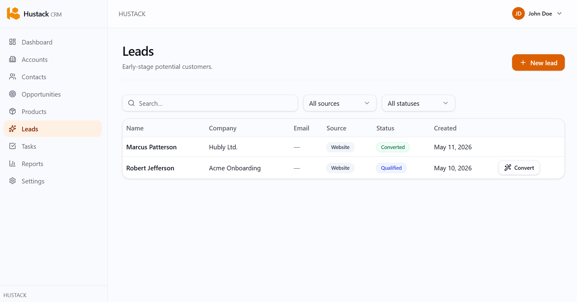 Leads in Hustack CRM